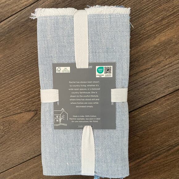 RACHEL ASHWELL The Farmhouse Blue Raw Edge 18 X 18 Cloth Napkins Set 6 NEW - Picture 8 of 9